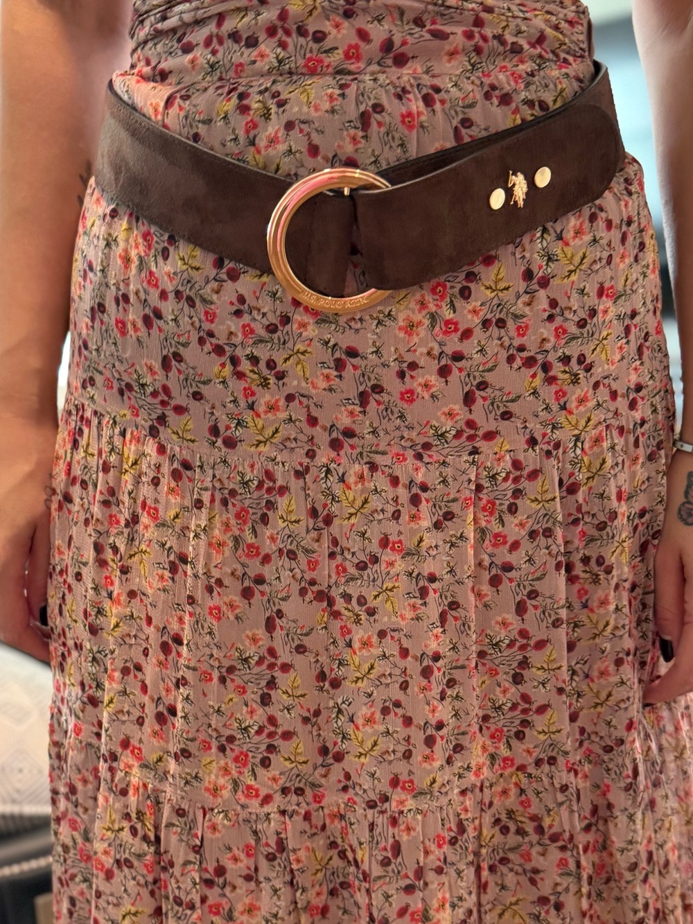 Polo Brown Suede Wide Belt with Gold Ring Buckle